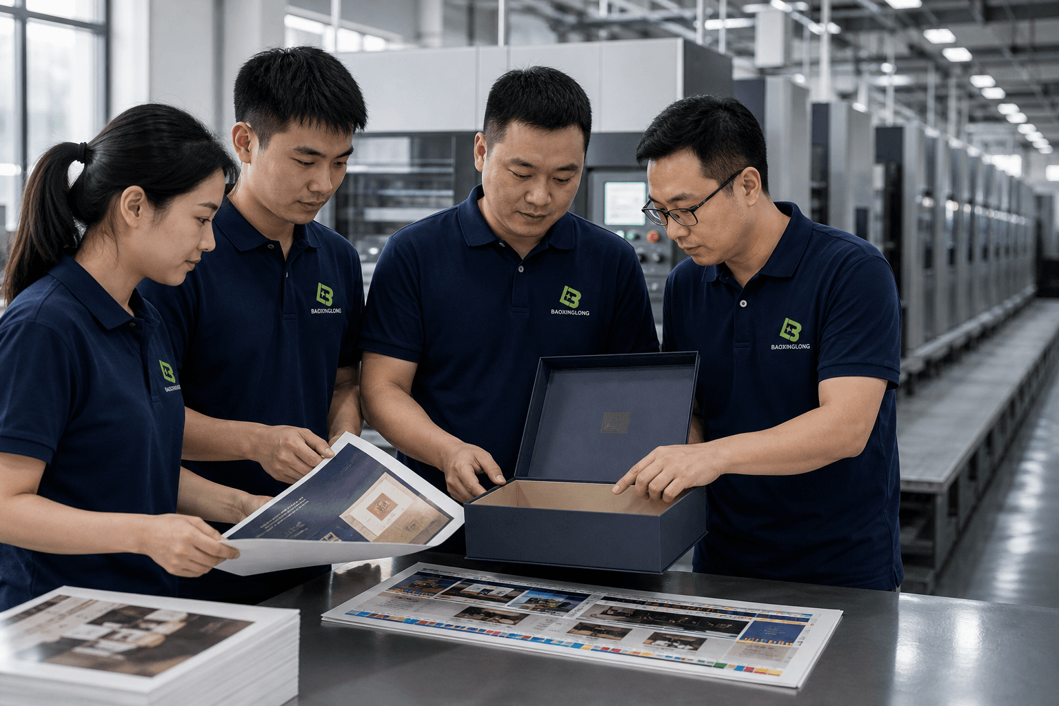 Baoxinglong packaging team in branded uniforms reviewing a custom rigid box in the factory