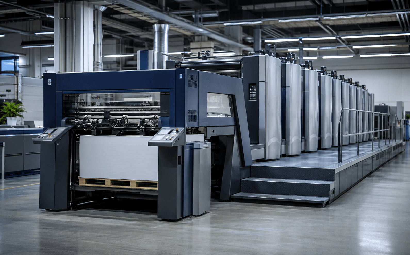 Modern Heidelberg sheet-fed offset printing press in a premium packaging production facility