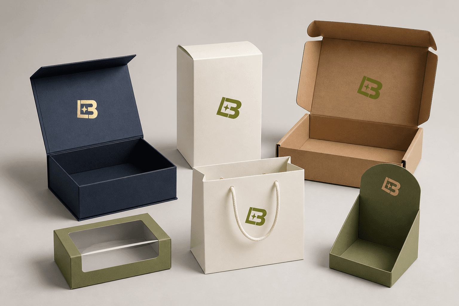 Baoxinglong branded custom packaging collection including rigid boxes, cartons, mailers, bags and displays