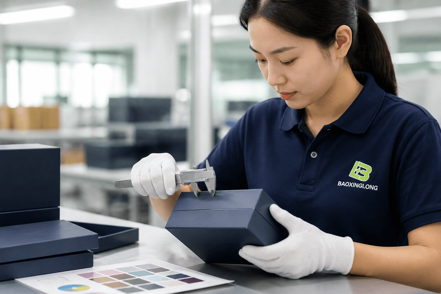 Baoxinglong quality engineer in a branded uniform inspecting a premium printed box