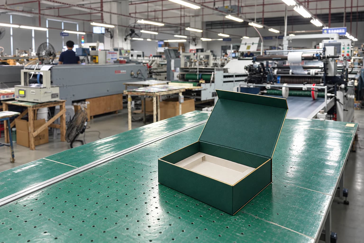 Premium emerald rigid gift box displayed inside the Baoxinglong packaging factory
