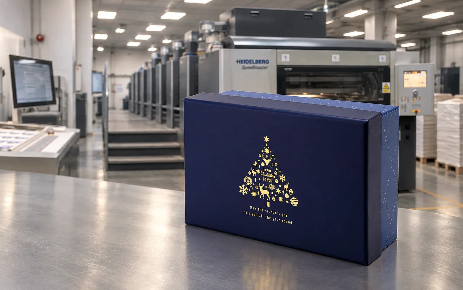Deep navy BXL-TDH-046 rigid gift box with gold foil finish displayed in front of an offset printing press