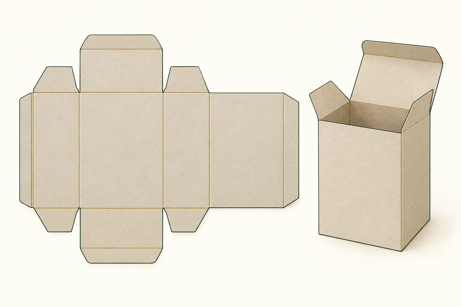 Concept illustration showing a flat folding-carton blank beside a partly assembled box