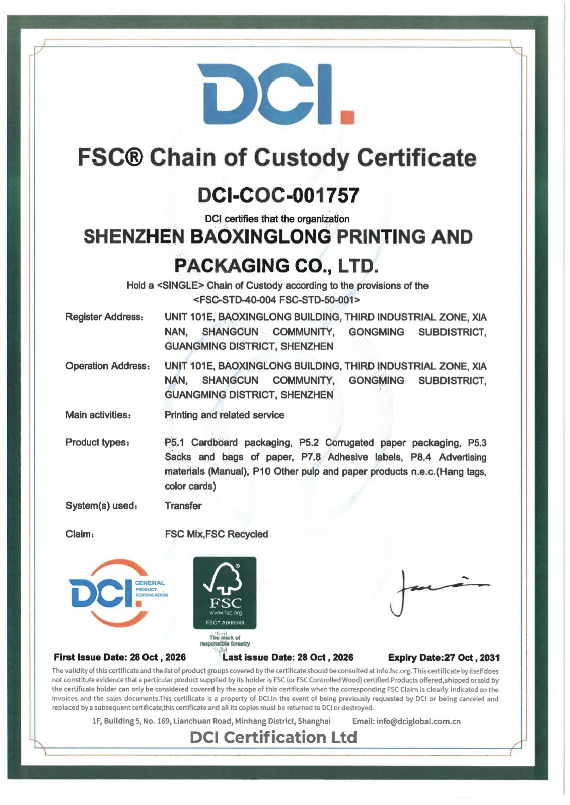 FSC Chain of Custody certificate